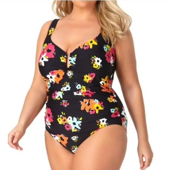 ANNE COLE Black Floral Island Bloom One Piece 22W - Picture 1 of 13